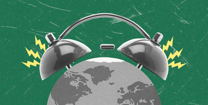 Art collage showing an alarm clock on top of the earth with sound waves indicating urgency to take action for environmental issues