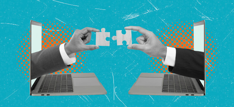 Art collage showing hands connecting puzzle pieces from laptops in a digital setting with a bright background