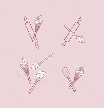 Bakery utensils illustration labels whisk, silicone spatula, pastry spoon, rolling pin drawing in graphic style on pink background