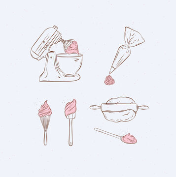 Bakery tools illustration labels mixer, pastry bag, whisk, silicone spatula, pastry spoon, dough, rolling pin drawing in graphic style on light background