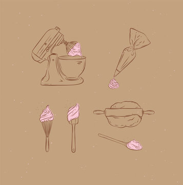 Bakery tools illustration labels mixer, pastry bag, whisk, silicone spatula, pastry spoon, dough, rolling pin drawing in graphic style on brown background