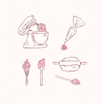 Bakery tools illustration labels mixer, pastry bag, whisk, silicone spatula, pastry spoon, dough, rolling pin drawing in graphic style on beige background