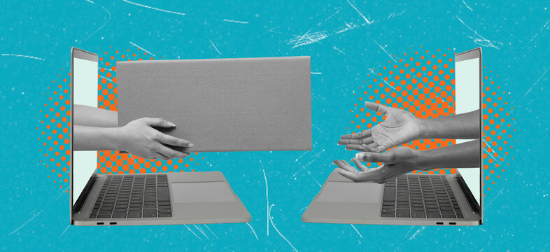 Art collage showing hands exchanging a package through laptop screens in a digital setting with a bright background