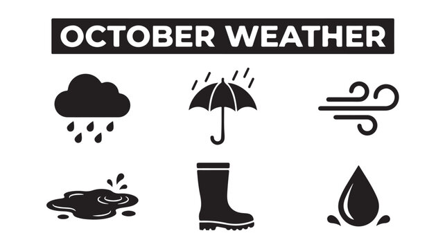 October weather icons with raincloud, umbrella, wind, puddle, boot and waterdrop on white background
