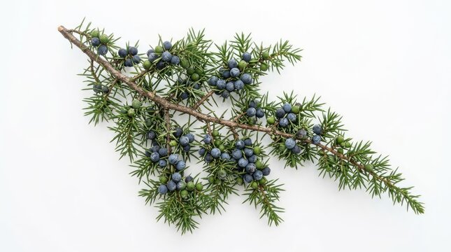 A branch of juniper berries rests on a white surface.