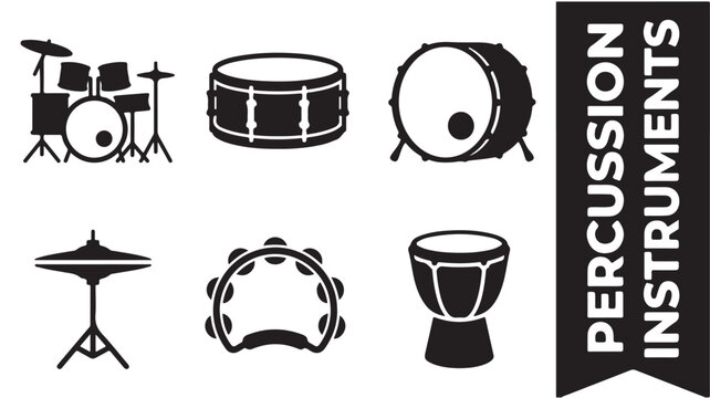 Black and white percussion instrument icons including drums and cymbals on a white background with labels