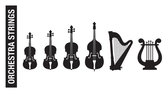 Black silhouettes of various string instruments for orchestra and music performances on white background