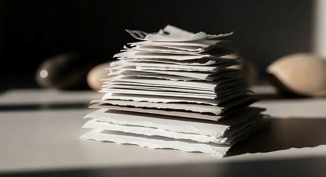 Stack of white torn paper sheets with rough textured edges