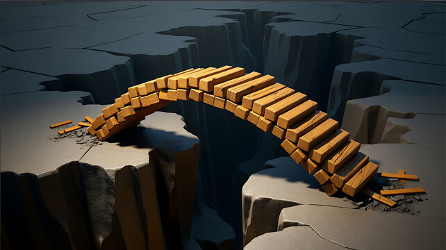 Broken wooden bridge, arched over a deep chasm, with scattered planks broken bridge arched bridge cliff
