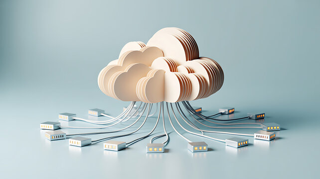 Cloud computing concept, wooden cloud connected to servers computer servers