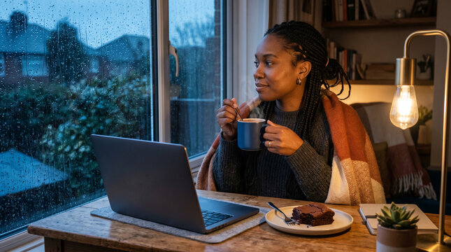 Remote black worker taking a break with a mug of hot chocolate and a fresh brownie beside a laptop near a rainy window