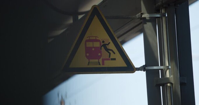 Triangle shaped danger warning sign showing a falling person near a train