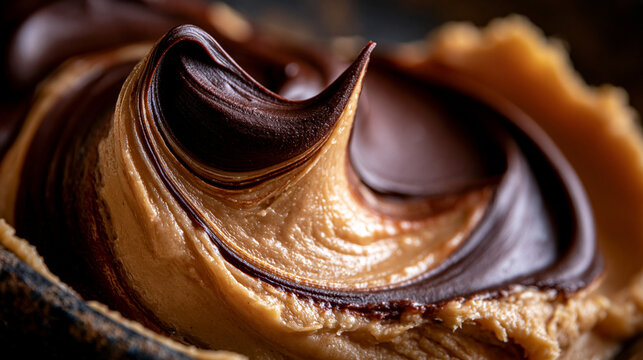 Creamy chocolate and peanut butter swirl spread texture close up with chocolate, delicious
