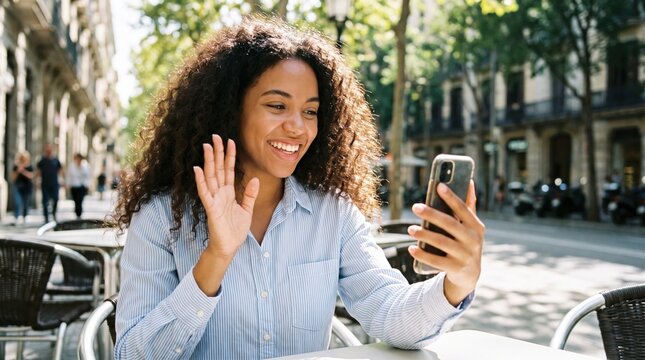 Smiling woman waving during video call at outdoor cafe on sunny city street expressing warmth and connection
