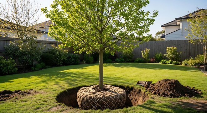 Serene backyard garden with stone bench and blooming trees.
