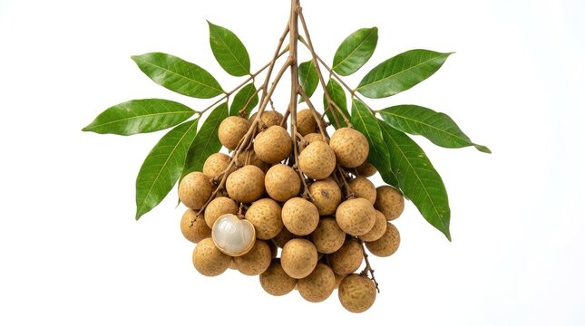 A bunch of ripe langsat fruits hangs from a branch against a white background.