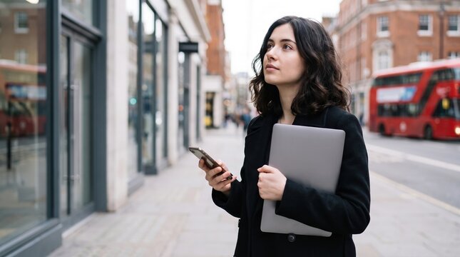 Young woman holding laptop and smartphone walking on urban street with double decker bus in background, thoughtful expression as she navigates city sidewalk