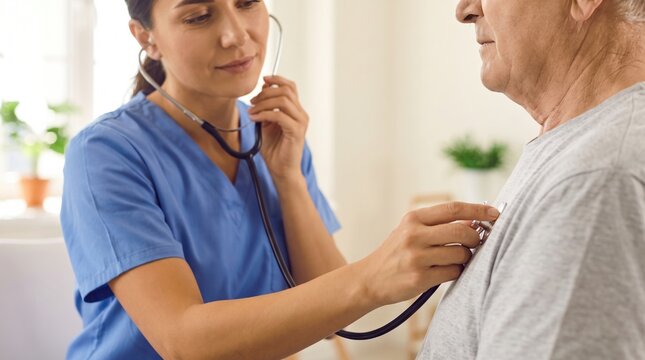 Nurse listening to senior patient heartbeat with stethoscope in home visit, caring medical checkup and compassionate clinical assessment
