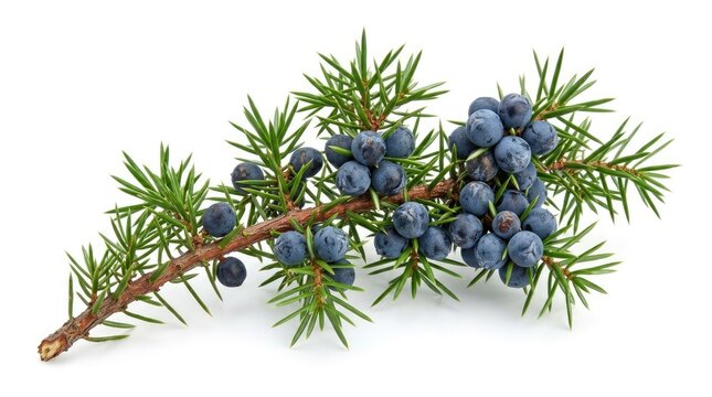 A branch of juniper berries rests on a white surface.