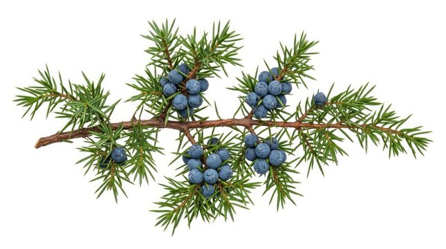 A branch of juniper berries hangs from a woody stem against a white background.
