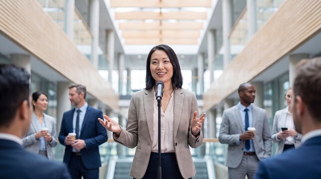 Woman speaking confidently at professional networking event, sharing insights and engaging audience in modern atrium setting with colleagues listening and conversing