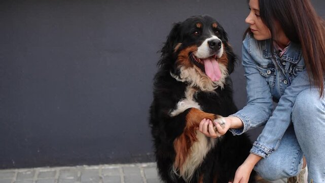 Young woman trains her Bernese Mountain Dog on city street, practicing obedience paw command, highlighting mental health benefits of emotional support animals and canine therapy. Pet lifestyle