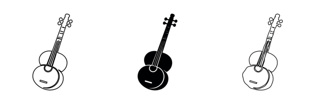 Three stylized string instruments with different line art and silhouette styles