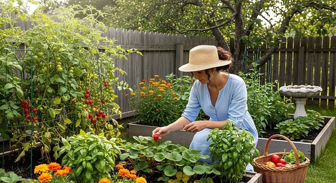 Woman gardening in backyard vegetable garden with raised beds.