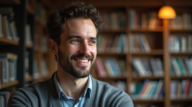 Profesor de literatura var&oacute;n y maduro en una acogedora sala de lectura, con un c&aacute;rdigan moderno