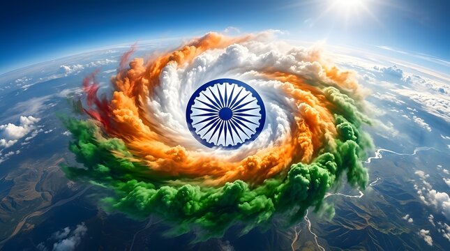 A large swirling vortex of saffron, white, and green clouds above the earth with a prominent blue ashoka chakra wheel symbol in the center view