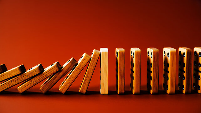 Falling dominoes with ghost faces on a red background, wooden blocks