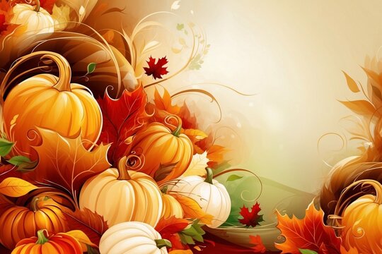 ​Thanksgiving background with cornucopia pumpkins and autumn leaves frame
