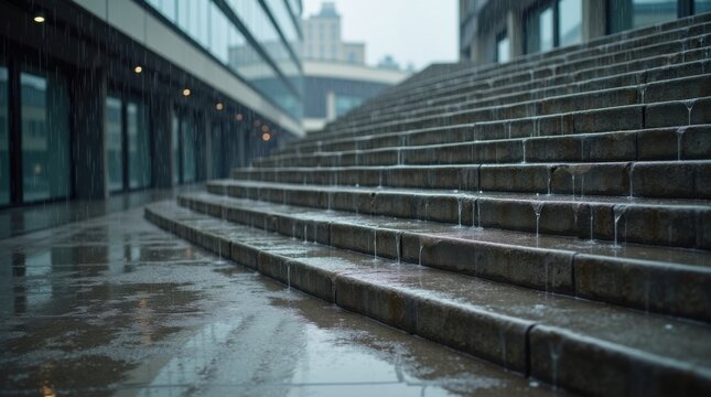 Agua de lluvia que baja por una escalera de hormig&oacute;n en el exterior de un edificio