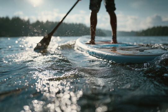 Person standing on a stand-up paddleboard viewed from the back during a peaceful summer adventure