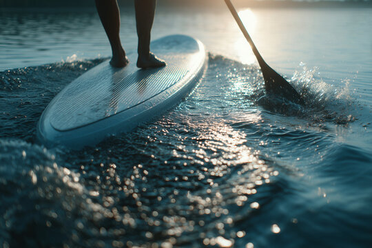 Person standing on a stand-up paddleboard viewed from the back during a peaceful summer adventure