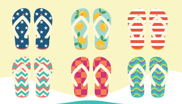 Six pairs of colorful and trendy summer flip-flops featuring fun patterns like lemons and patriotic stripes.