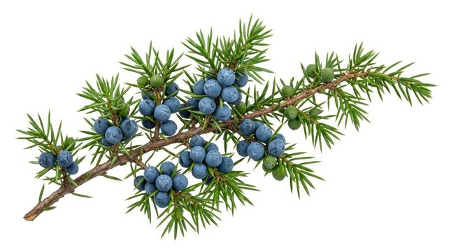 A branch of juniper berries hangs against a white background.
