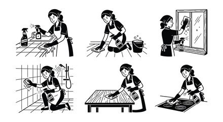 Obraz premium Cleaning People Silhouette Set Black Vector Illustration On White Background
