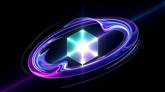 Glowing purple and blue neon cube surrounded by swirling ring, black background
