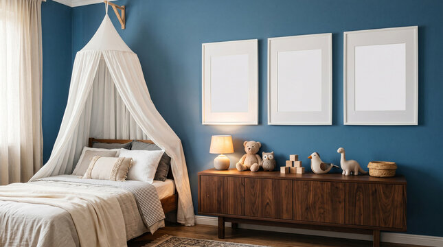 Childrens bedroom interior with canopy bed and blank frames.
