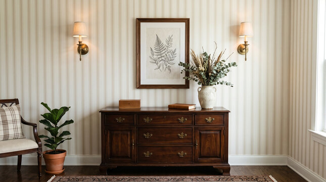 Classic interior with dark wooden sideboard and striped vintage wallpaper.