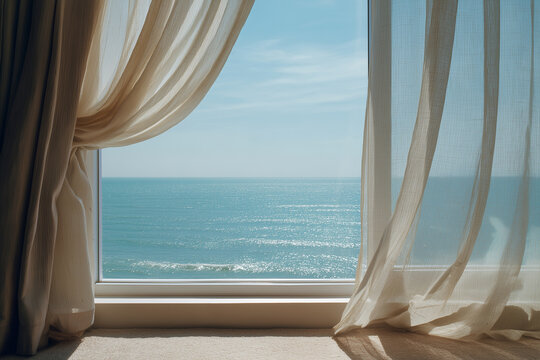 Ocean view through an open window with flowing curtains in a peaceful summer vacation setting