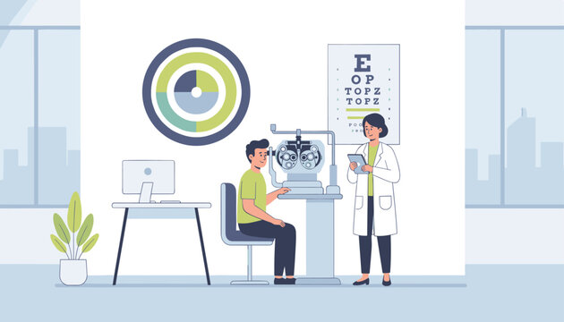 Professional ophthalmologist examining a patient vision using a phoropter eye testing machine in a modern clinic.