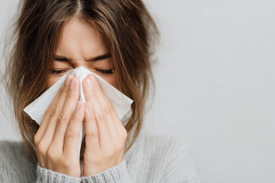 Person covering their nose with a tissue, with the face intentionally hidden, illustrating a simple healthcare and seasonal allergy concept
