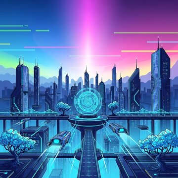 Futuristic cityscape with clock and skyscrapers at sunset.