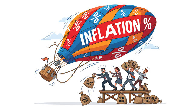 Metaphorical illustration of a giant inflation hot air balloon lifting off rapidly as corporate people throw price hike sandbags