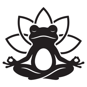 Black silhouette of a cute frog sitting in a lotus meditation pose with a flower shape behind its head