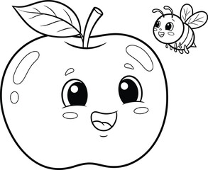 Naklejka premium Cute Kawaii Apple with Smiling Face and Bee – Adorable Line Art Illustration for Kids’ Coloring Books and Creative Designs 