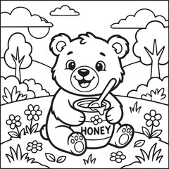 Obraz premium Cute Bear Holding Honey Pot Coloring Page – Cartoon Forest Animal