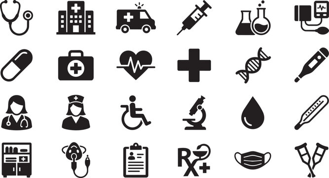 Medical and healthcare icon set. Black vector silhouettes of hospital, doctor, medicine, clinic, and emergency elements isolated on white background.